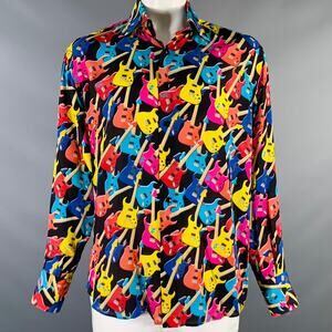 BILLIONAIRE COUTURE Size XL Black Multi Color Guitars Silk Long Sleeve Shirt